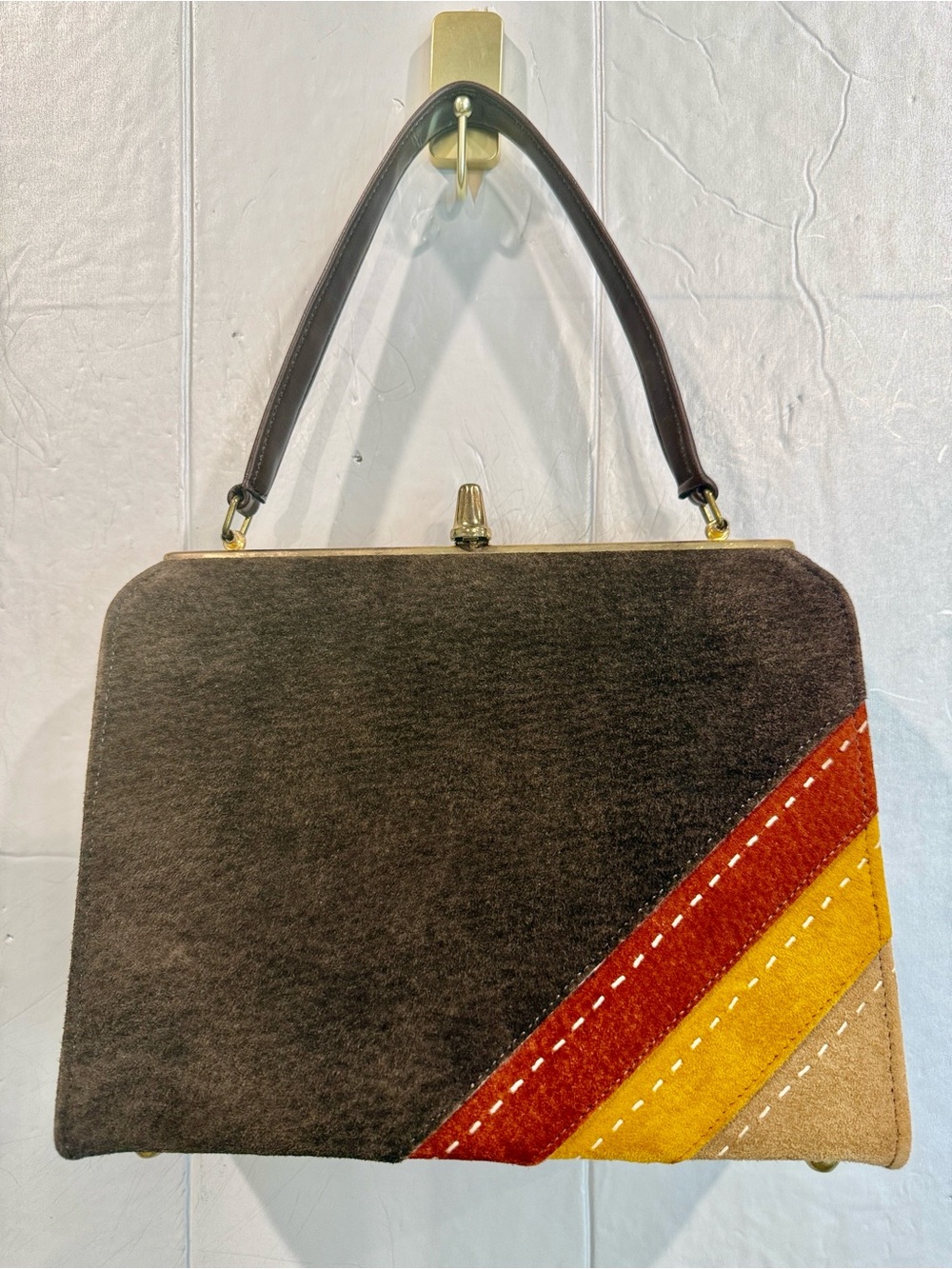 Lia Vintage Faux Brown Suede Top-Handle Satchel with Diagonal Colorblock Accents